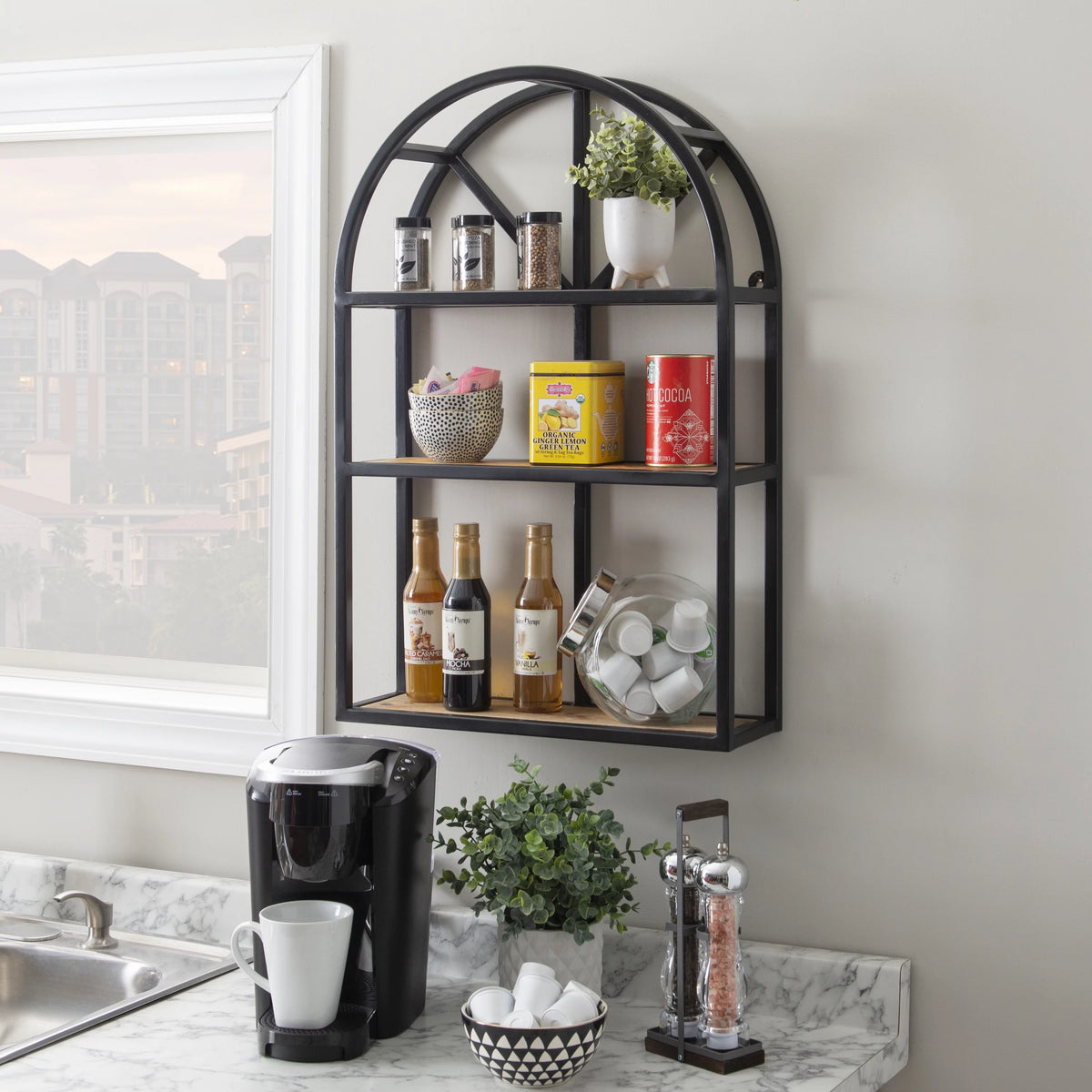 Black Metal Natural Mango Wood 3-Tier Wall Shelves L231