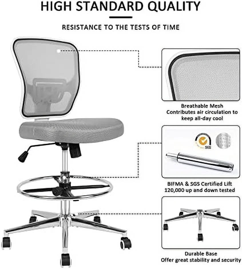 Grey Drafting Chair with Lumbar Support and Foot Ring O729532
