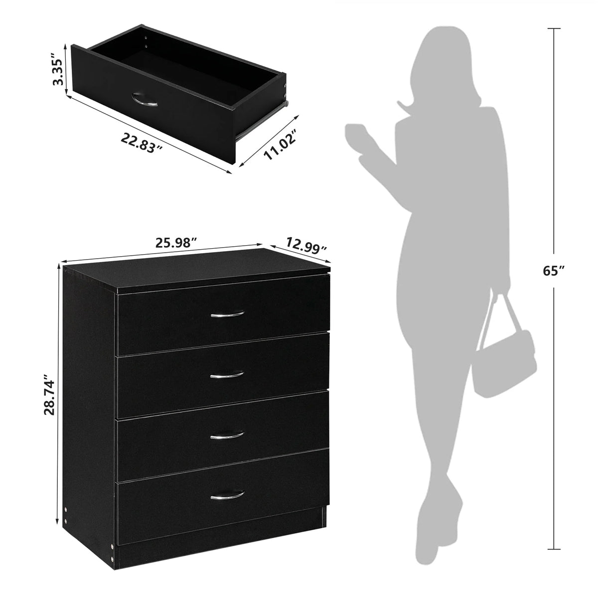 Black 4 Drawer Wood Dresser P712
