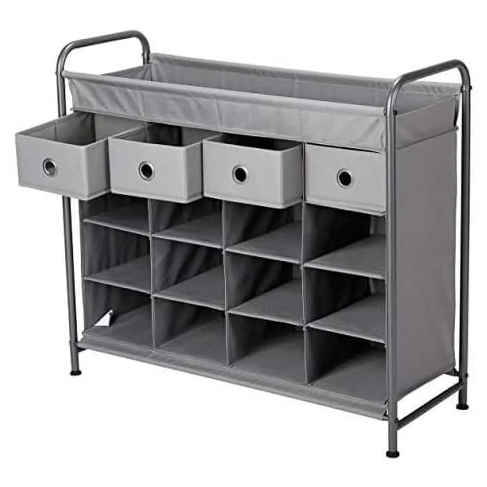 Grey 16 Cubby Shoe Rack Organizer with 4 Drawers S94850