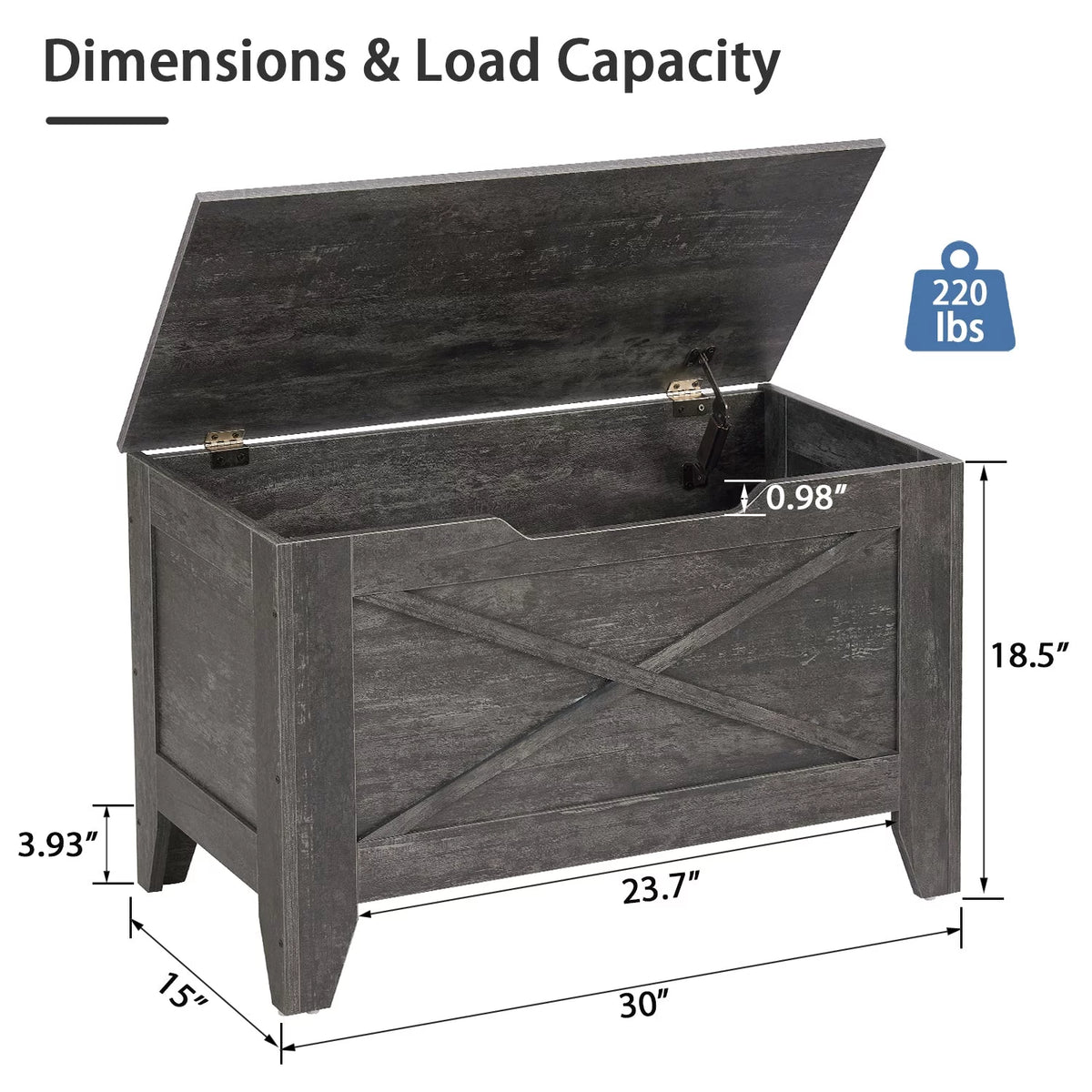 Charcoal Gray Storage Ottoman Bench with Safety Hinge Q682583