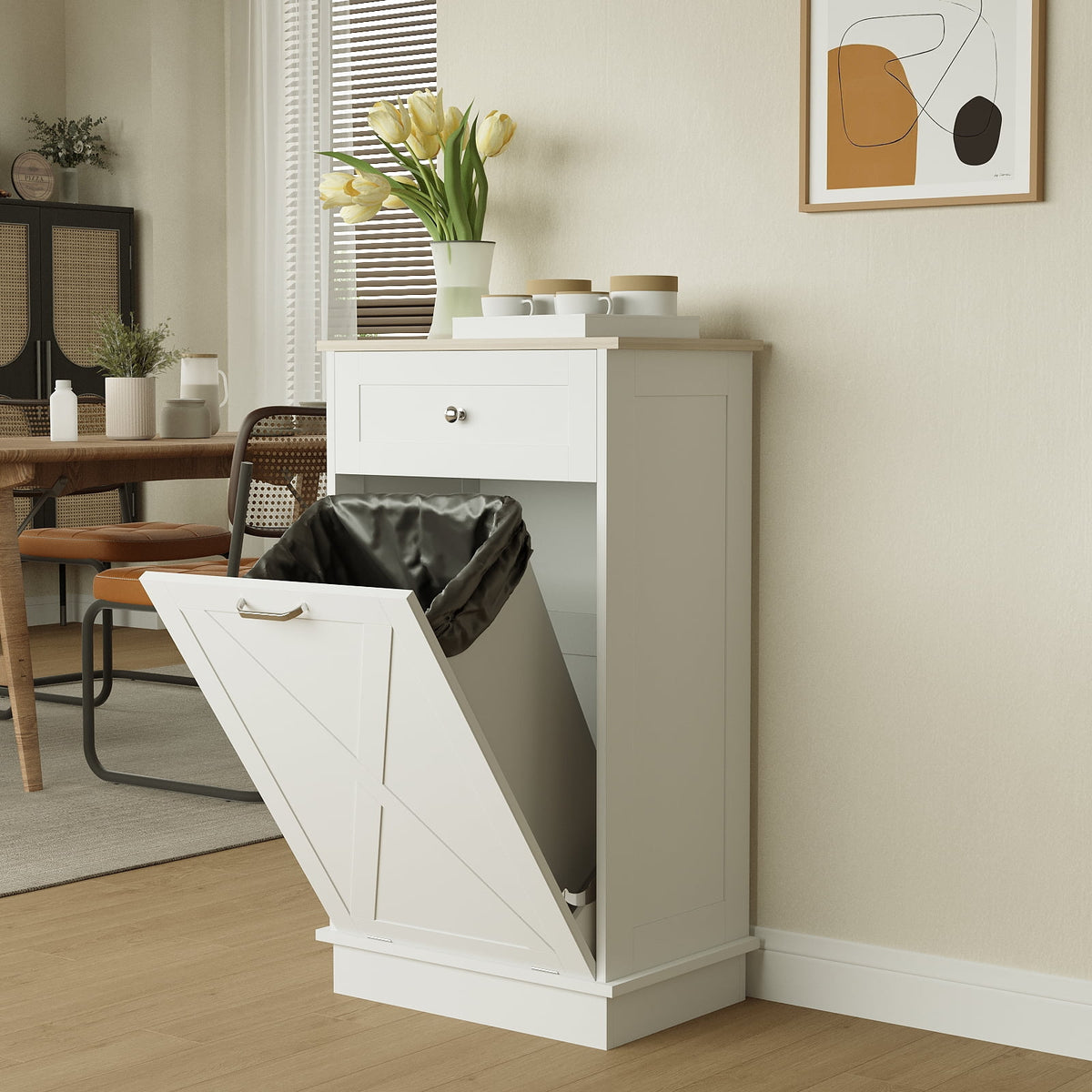 White Tilt Out Trash Can Cabinet R572817