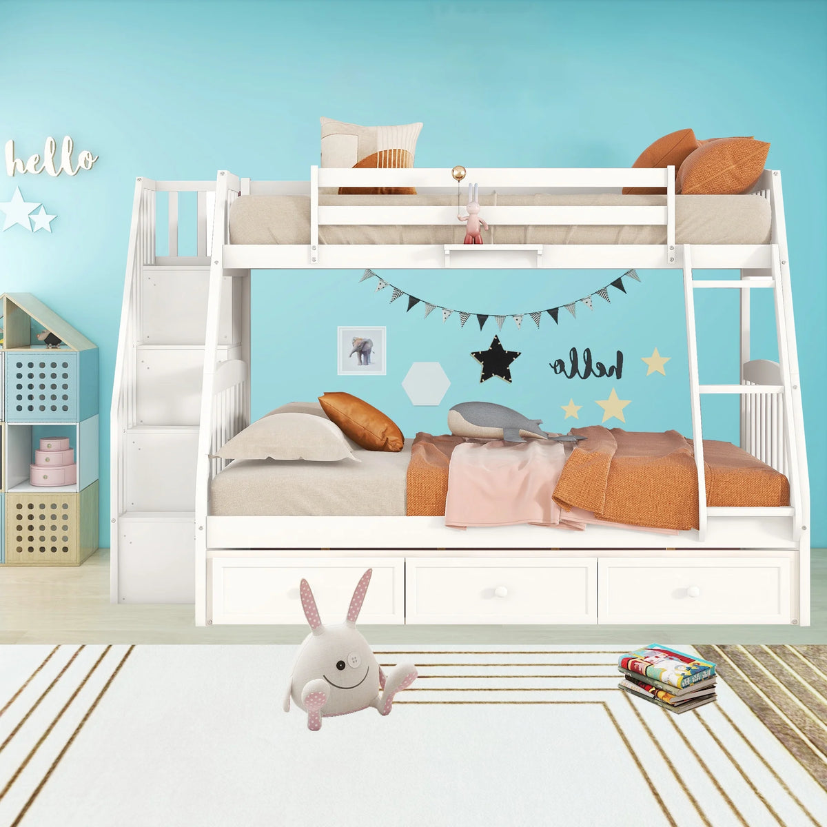 White Twin-Over-Full Bunk Bed with Drawers and Storage Staircase H18368