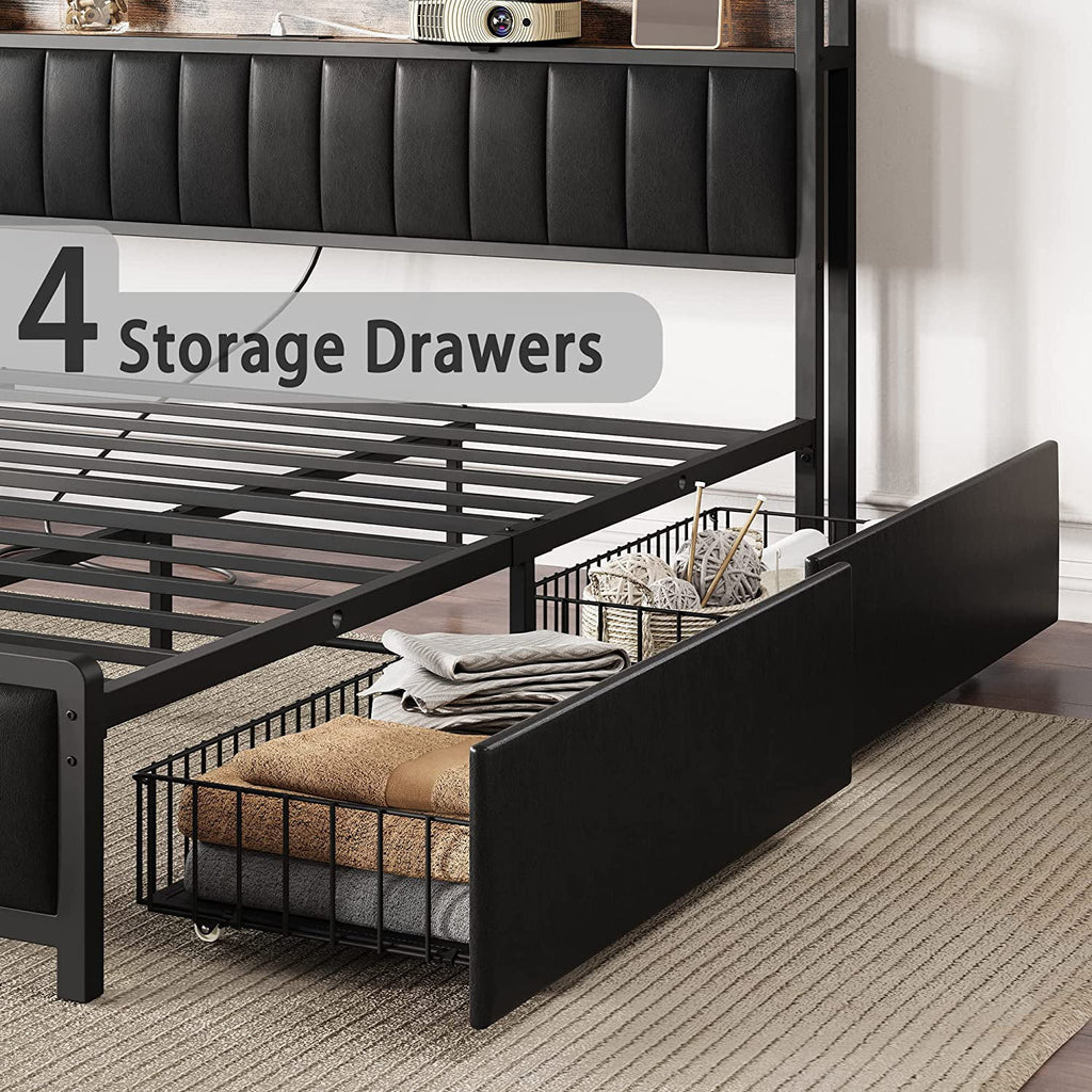 King Bed Frame with Storage Drawers and Upholstered Platform Bed Q265