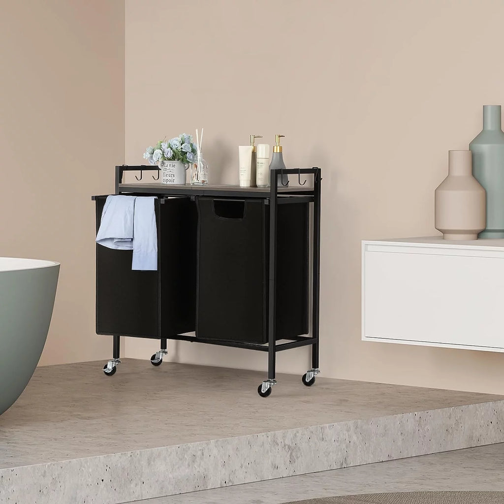 Black Double Laundry Hamper with Removable Bag and Shelf Y658