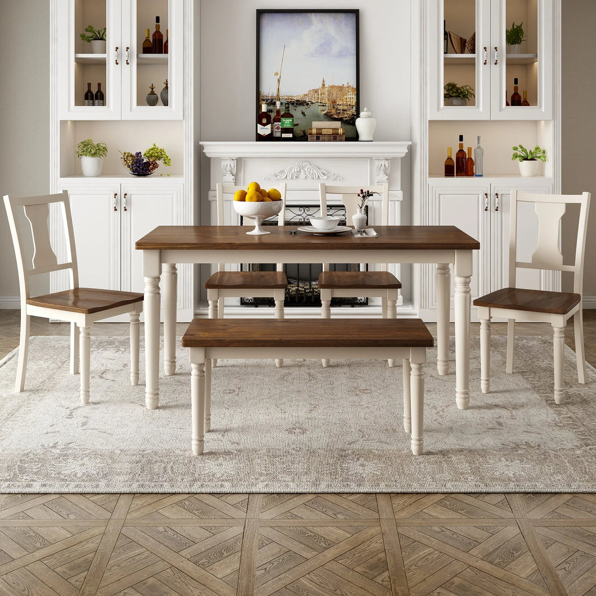 6pc Wooden Dining Set with Table Chairs and Bench D284