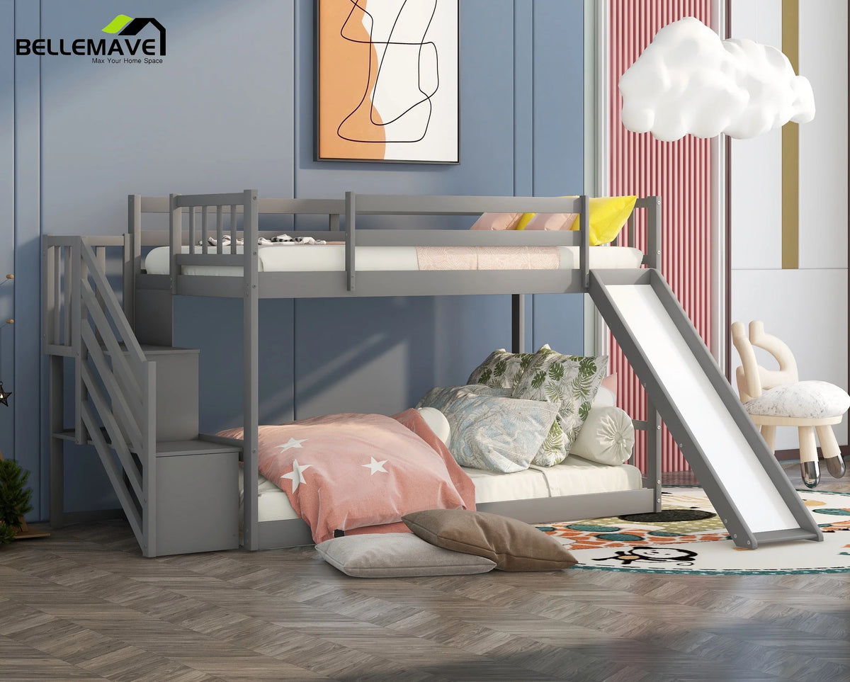 Gray Twin Over Twin Wooden Bunk Bed with Slide and Stairs H8807