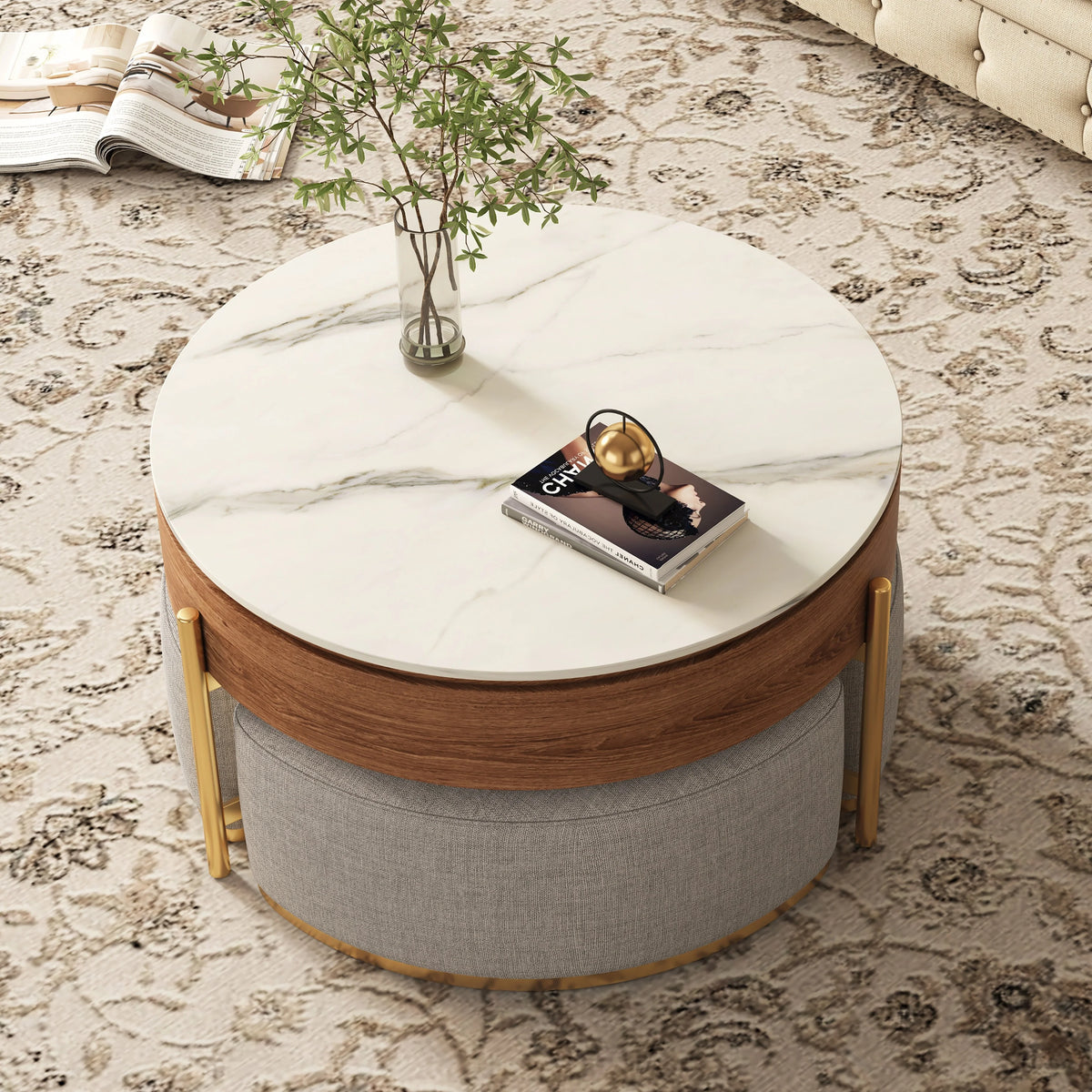 Lift Top Nesting Coffee Table with Storage and 3 Stools G33639