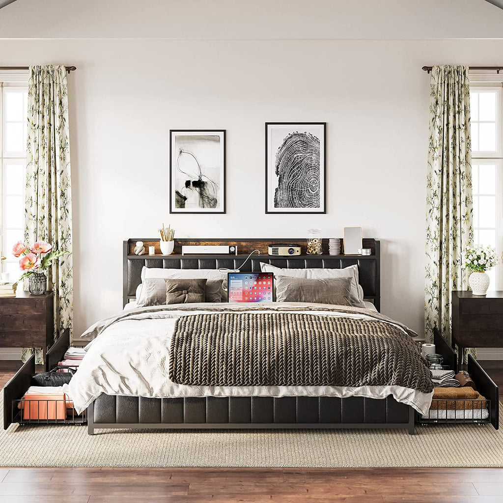 King Bed Frame with Storage Drawers and Upholstered Platform Bed Q265