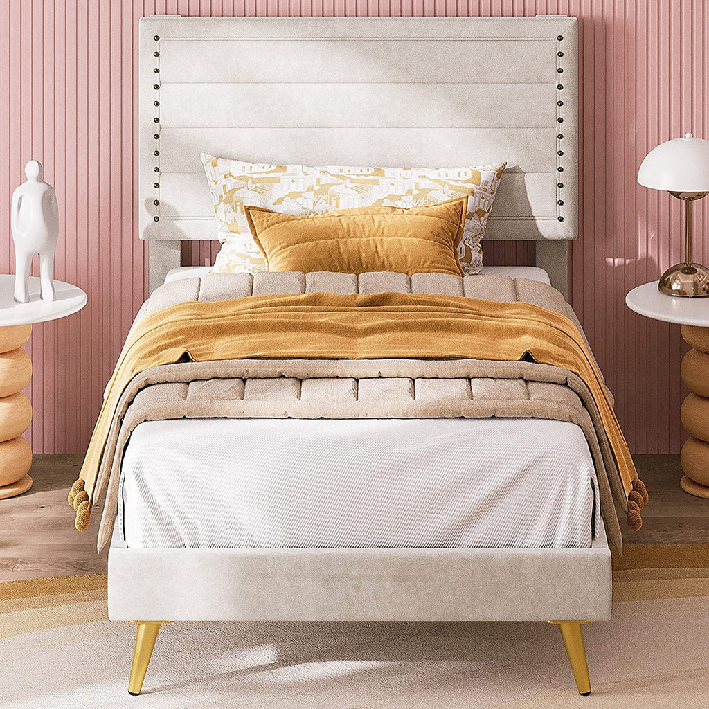 Beige Upholstered Wood Twin Bed Frame Y6238