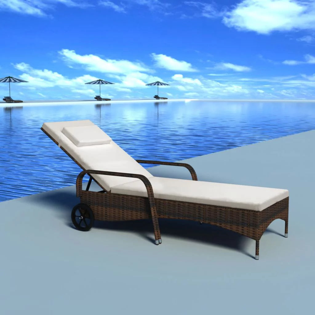 Brown Poly Rattan Chaise Lounge with Wheels T677
