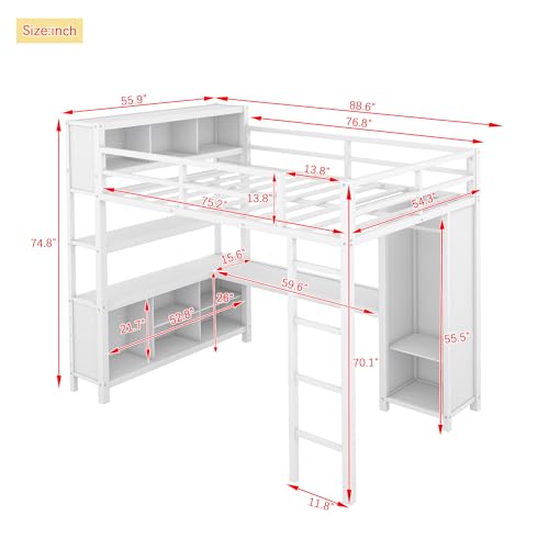 Full Size White Metal Loft Bed with L Shaped Desk and Wardrobe B699