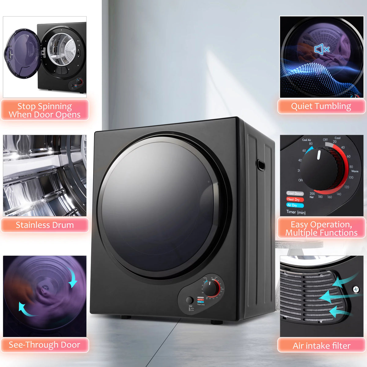 Electric Portable Front Load Clothes Dryer with Knob Control B340