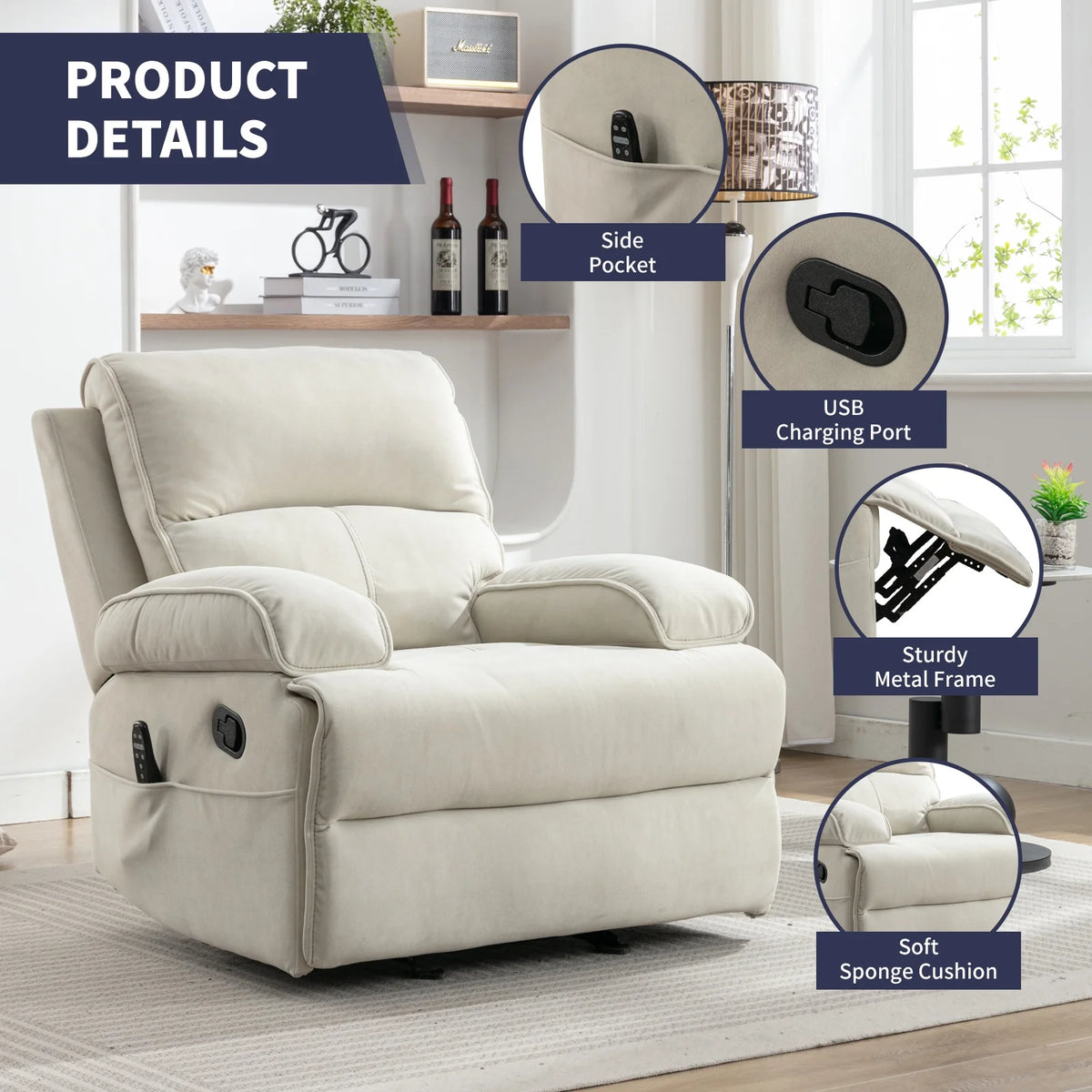Beige Velour Recliner Chair with Heat Vibration F392