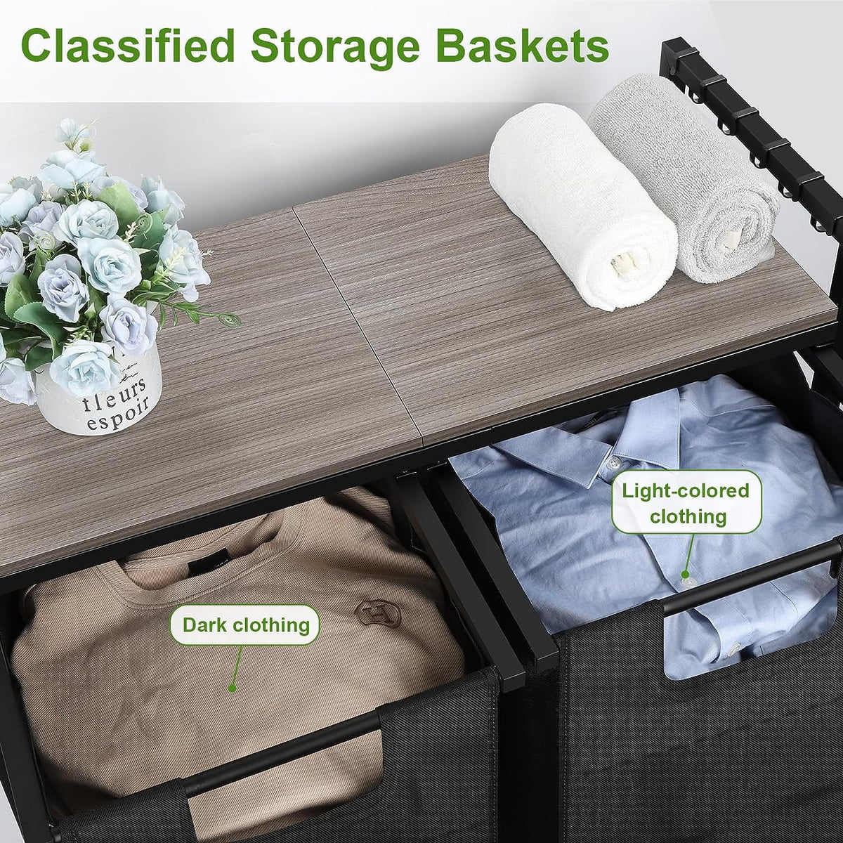 Black Double Laundry Hamper with Removable Bag and Shelf Y658