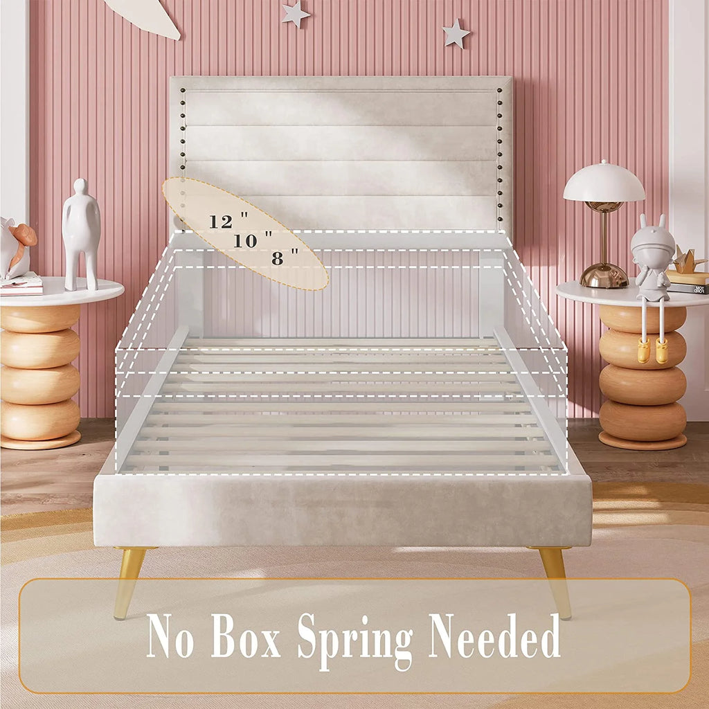Beige Upholstered Wood Twin Bed Frame Y6238