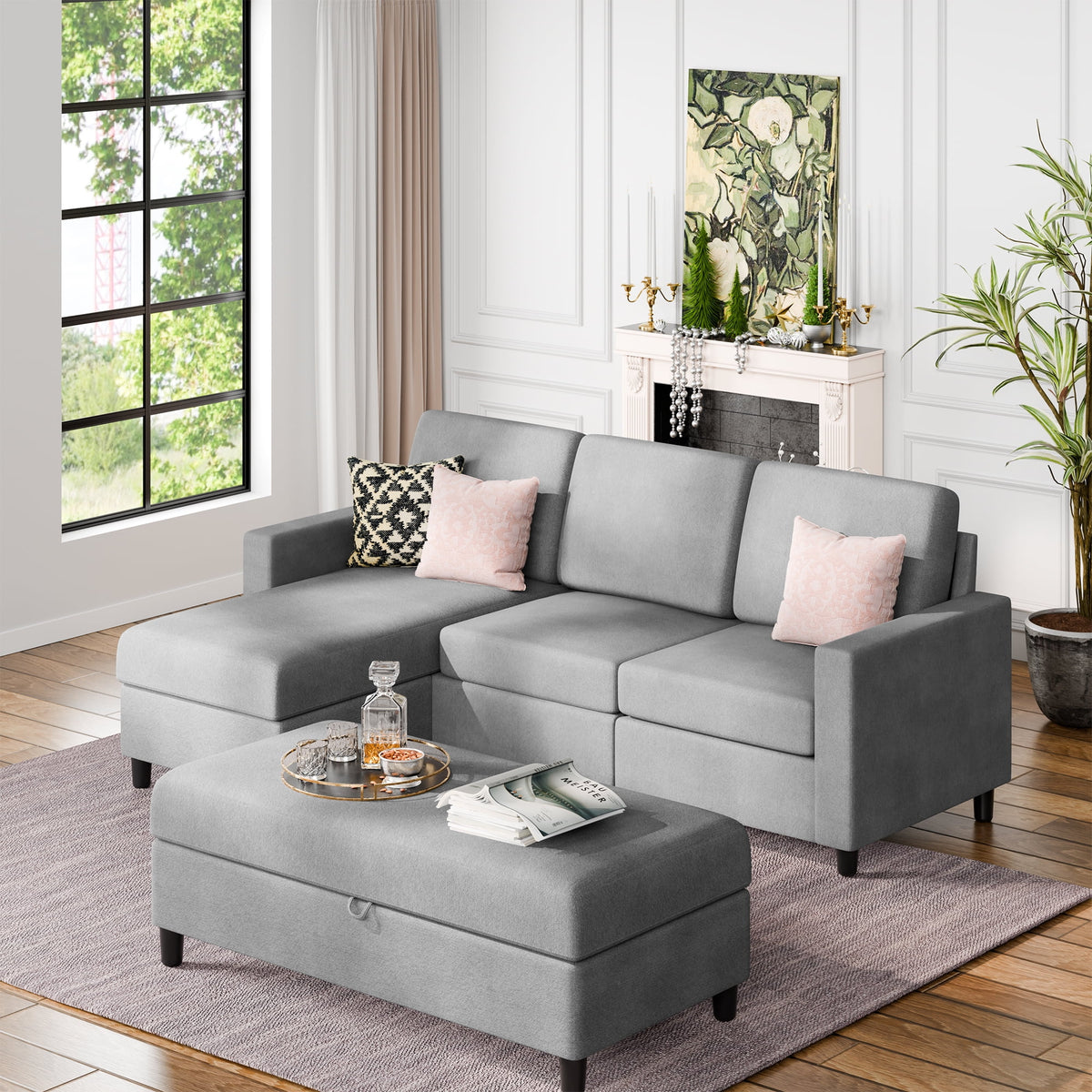 L Shaped 4 Seat Sectional Sofa with Storage Ottoman V2056