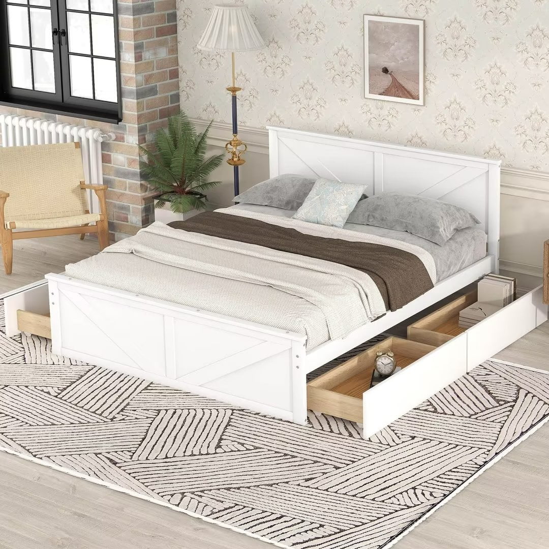 Queen Size White Wooden Platform Bed with 4 Storage Drawers J1170