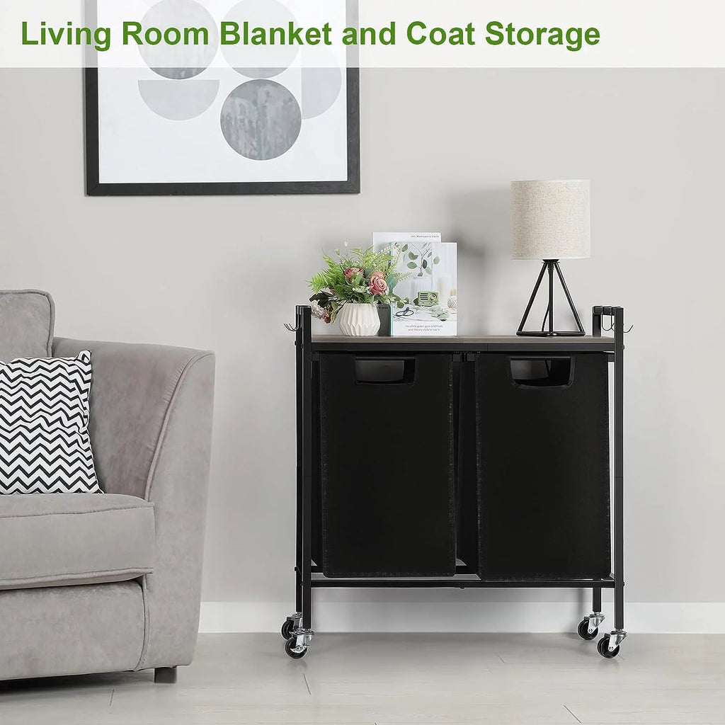 Black Double Laundry Hamper with Removable Bag and Shelf Y658