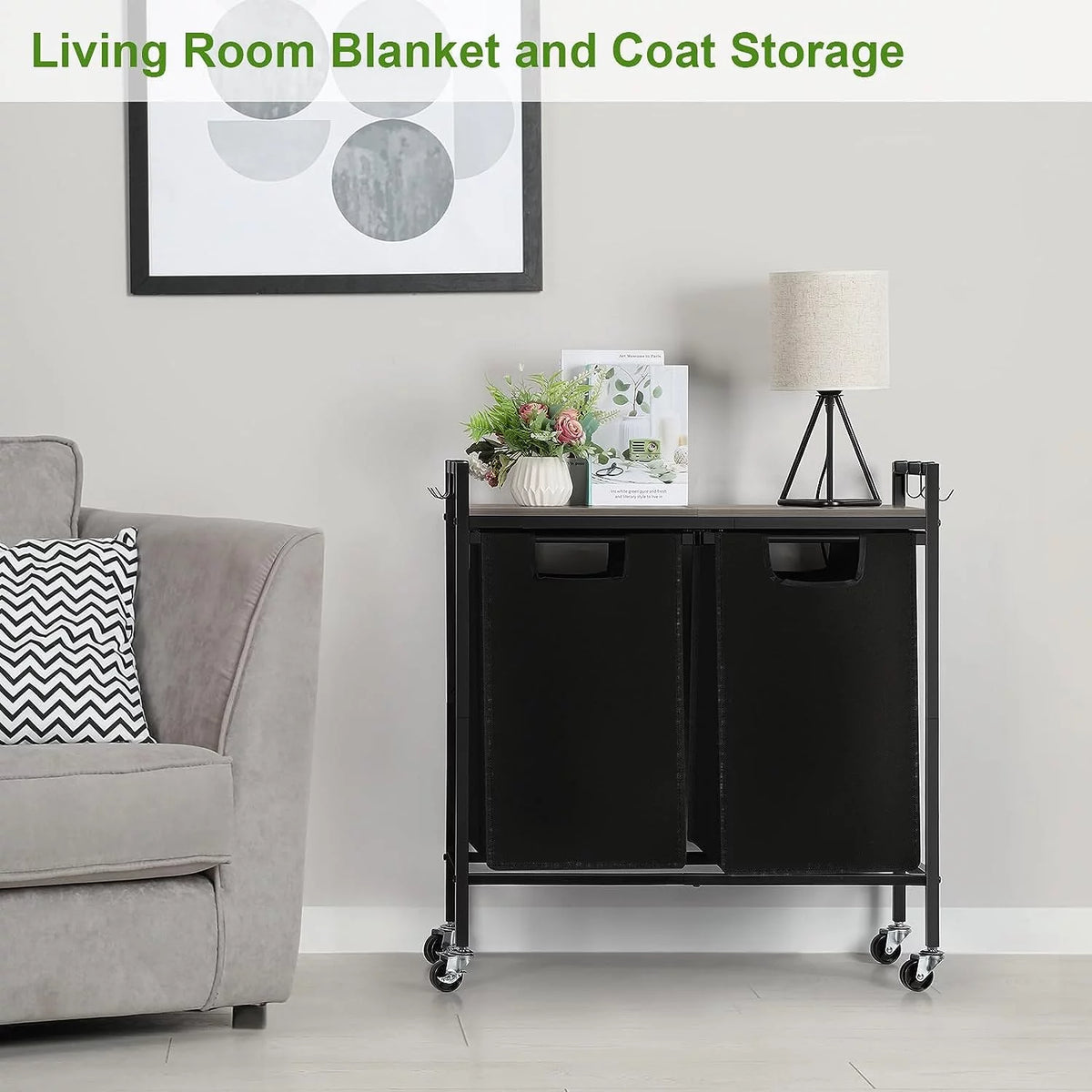 Black Double Laundry Hamper with Removable Bag and Shelf Y658