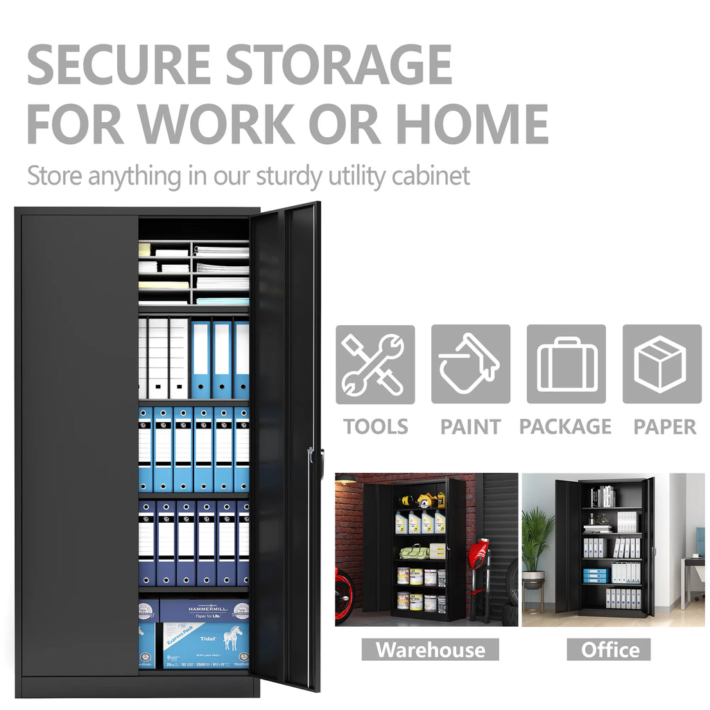 Black 72"H Lockable Steel Storage Cabinet with 4 Adjustable Shelves D810