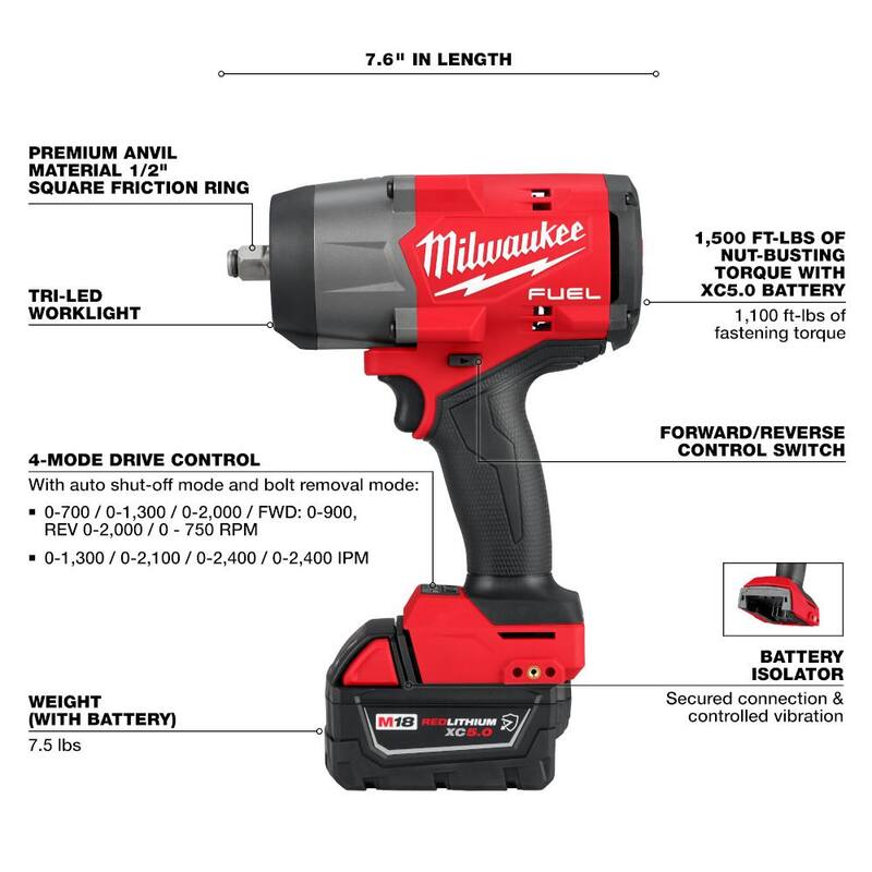 18V Lithium-Ion Brushless Cordless 1/2 in. Impact Wrench Kit with 5.0 Ah Battery and Bag J1745