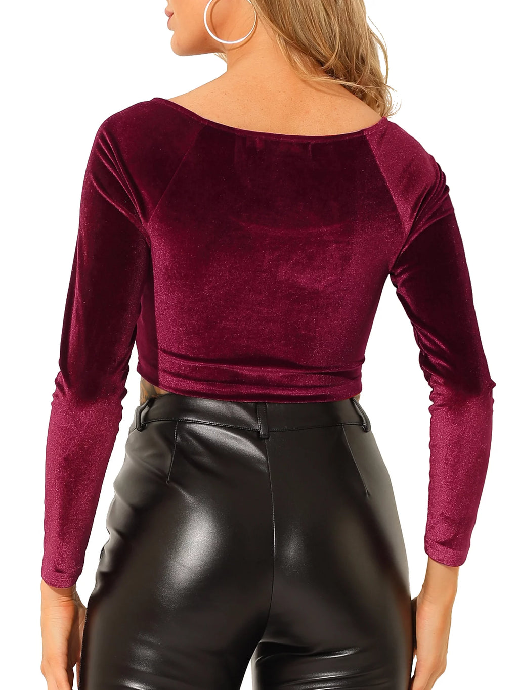 Velvet Long Sleeve Off Shoulder Crop Top D15683