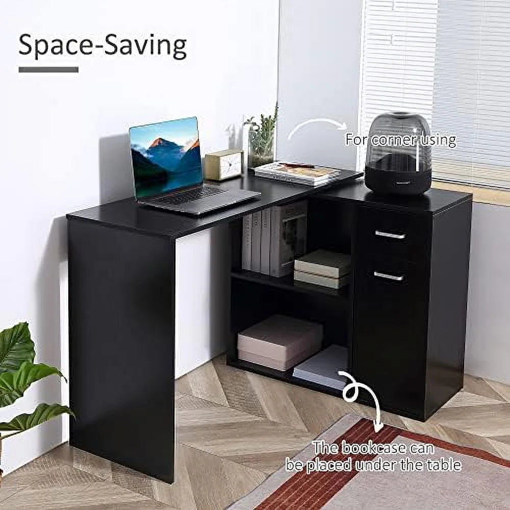L Shaped Computer Desk with Shelves Drawer and Cabinet White E503