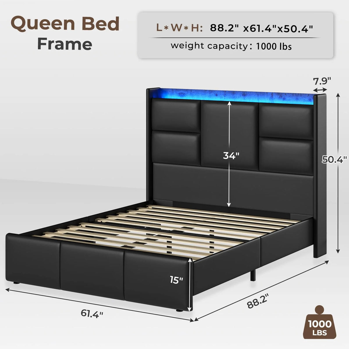 Queen Platform Bed Frame with High Headboard and Charging Station L67645