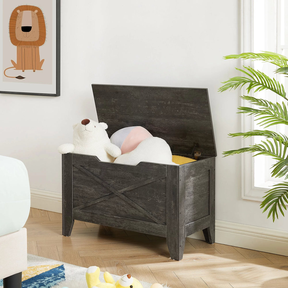 Charcoal Gray Storage Ottoman Bench with Safety Hinge Q682583