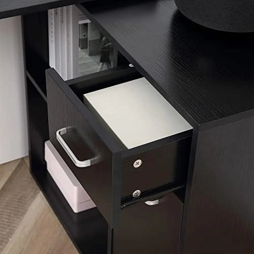 L Shaped Computer Desk with Shelves Drawer and Cabinet White E503