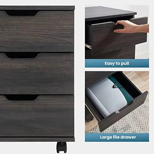 3 Drawer Black Wood Mobile File Cabinet R12018
