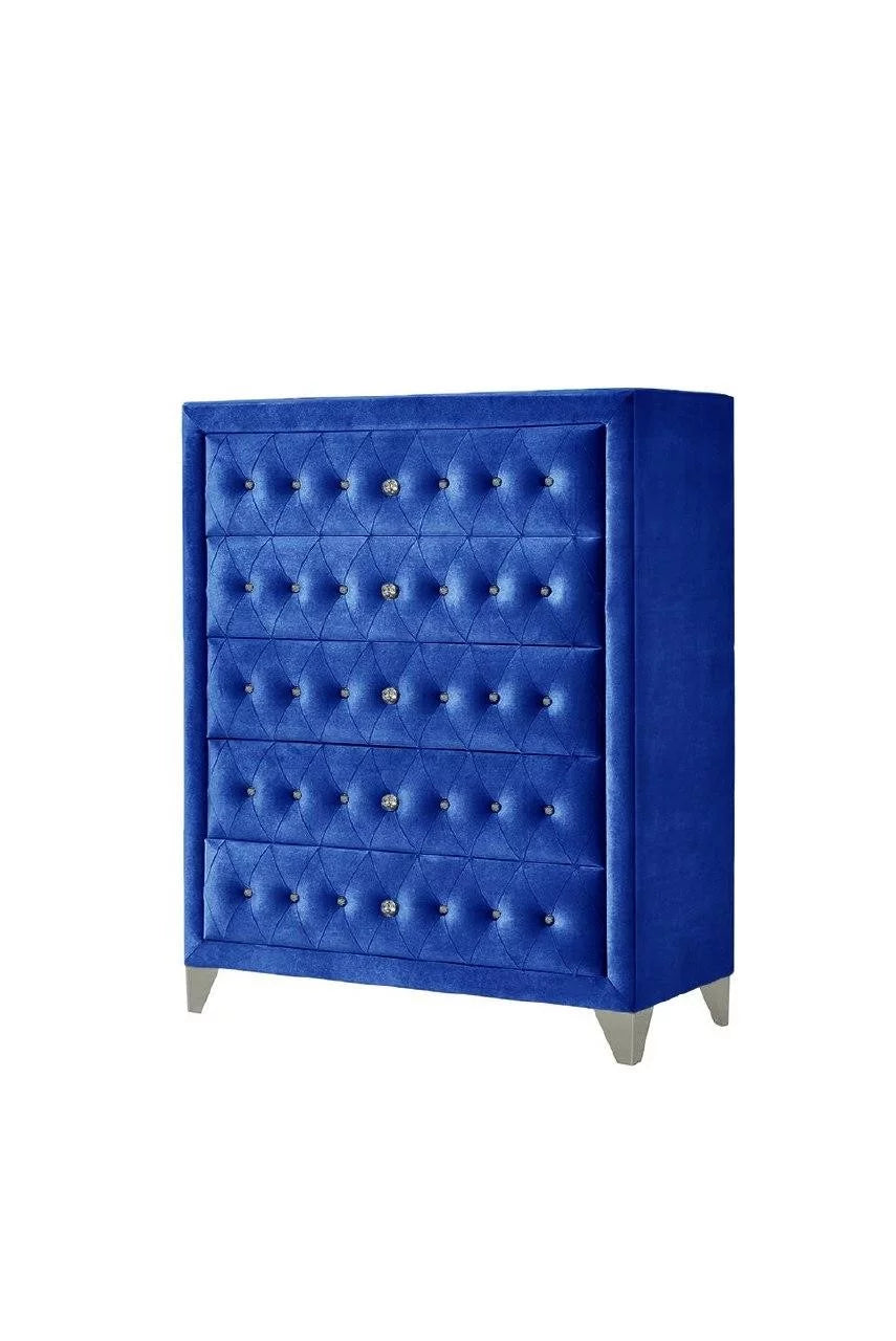 Blue Velvet Upholstered 5-Drawer Chest G8003