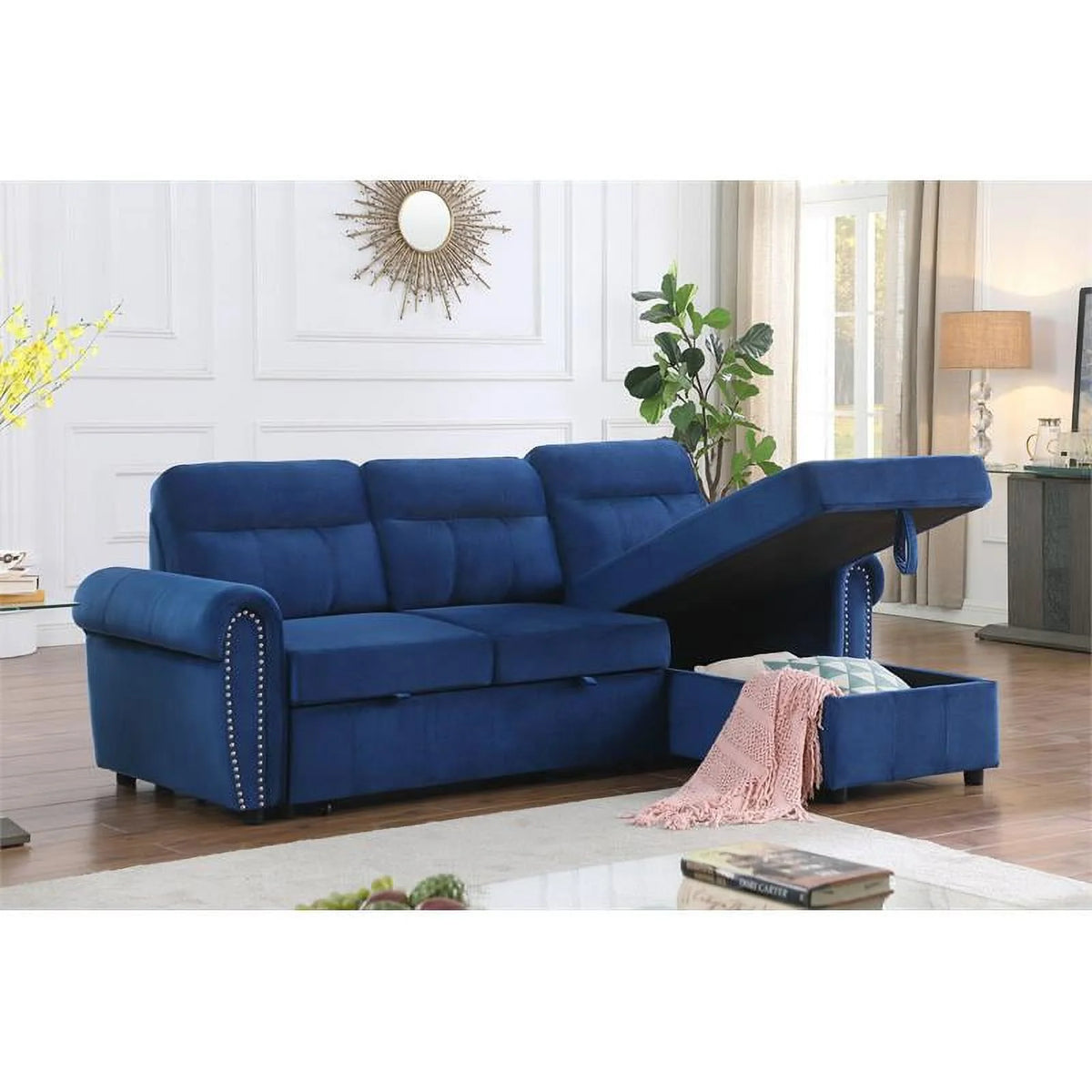 Blue Velvet Reversible Sleeper Sectional Sofa Chaise G74413