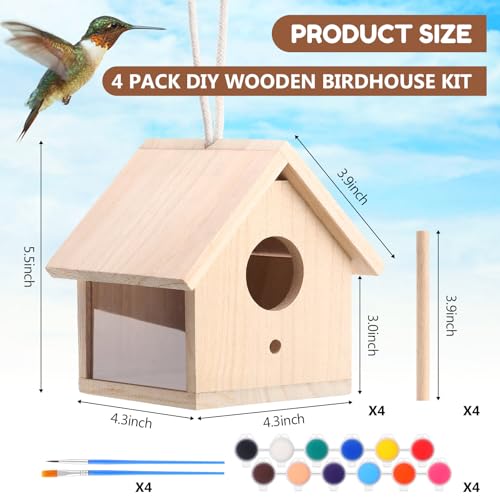 4 Set Wooden Birdhouse Kits with Lanyard and Post K474426
