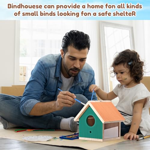 4 Set Wooden Birdhouse Kits with Lanyard and Post K474426