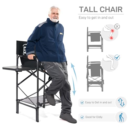 Tall Folding Chair with Side Table Cup Holder Storage Pocket Blue Grey O655