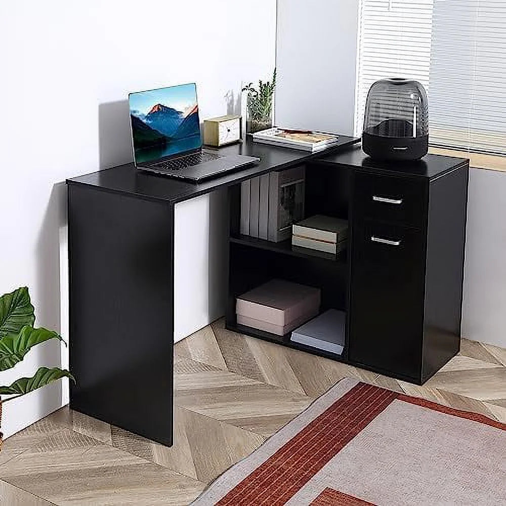 L Shaped Computer Desk with Shelves Drawer and Cabinet White E503