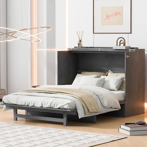 White Full Size Murphy Bed with USB Ports and Drawer Y713